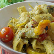 Ricotta, Basil Pesto Over Pasta and Zucchini